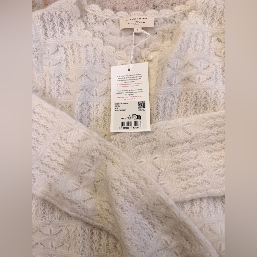 Sézane La Maille Varda Lace Cardigan – Ecru – Size L – NWT